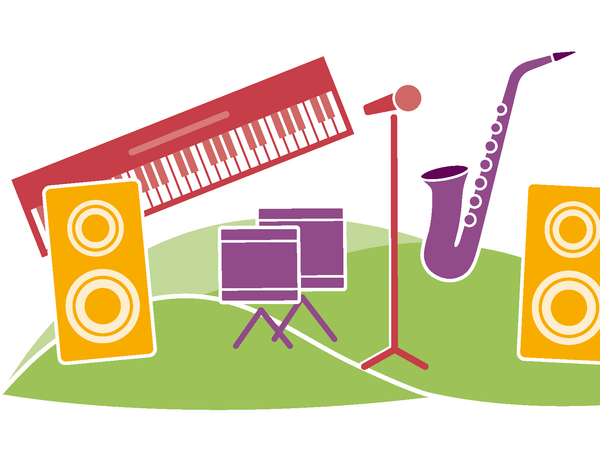 Illustration von Instrumenten mit Mikrofon und Lautsprechern auf einer grünen Wiesenlandschaft